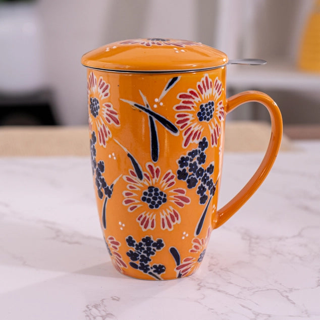 Orange Flower Spash Mug w/ lid and infuser