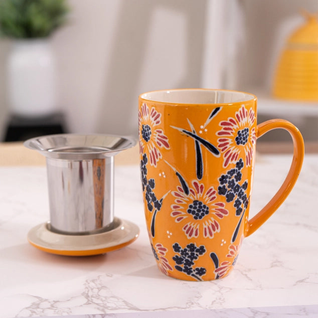 Orange Flower Spash Mug w/ lid and infuser