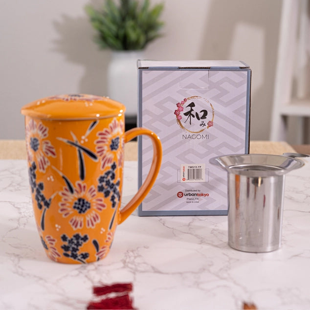 Orange Flower Spash Mug w/ lid and infuser