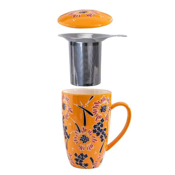 Orange Flower Spash Mug w/ lid and infuser