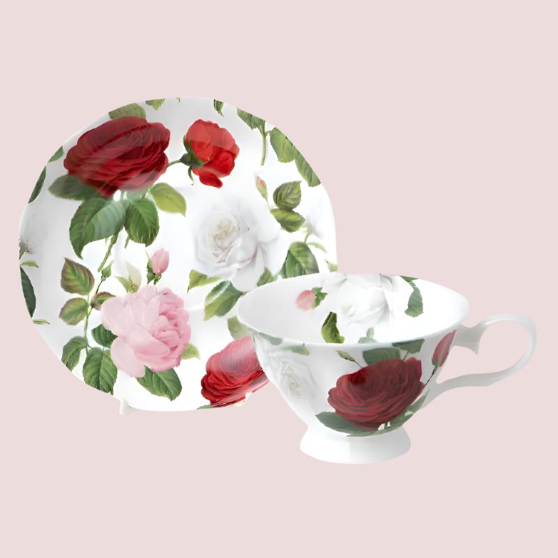 Elegant Red & White Rose Cup & Saucer