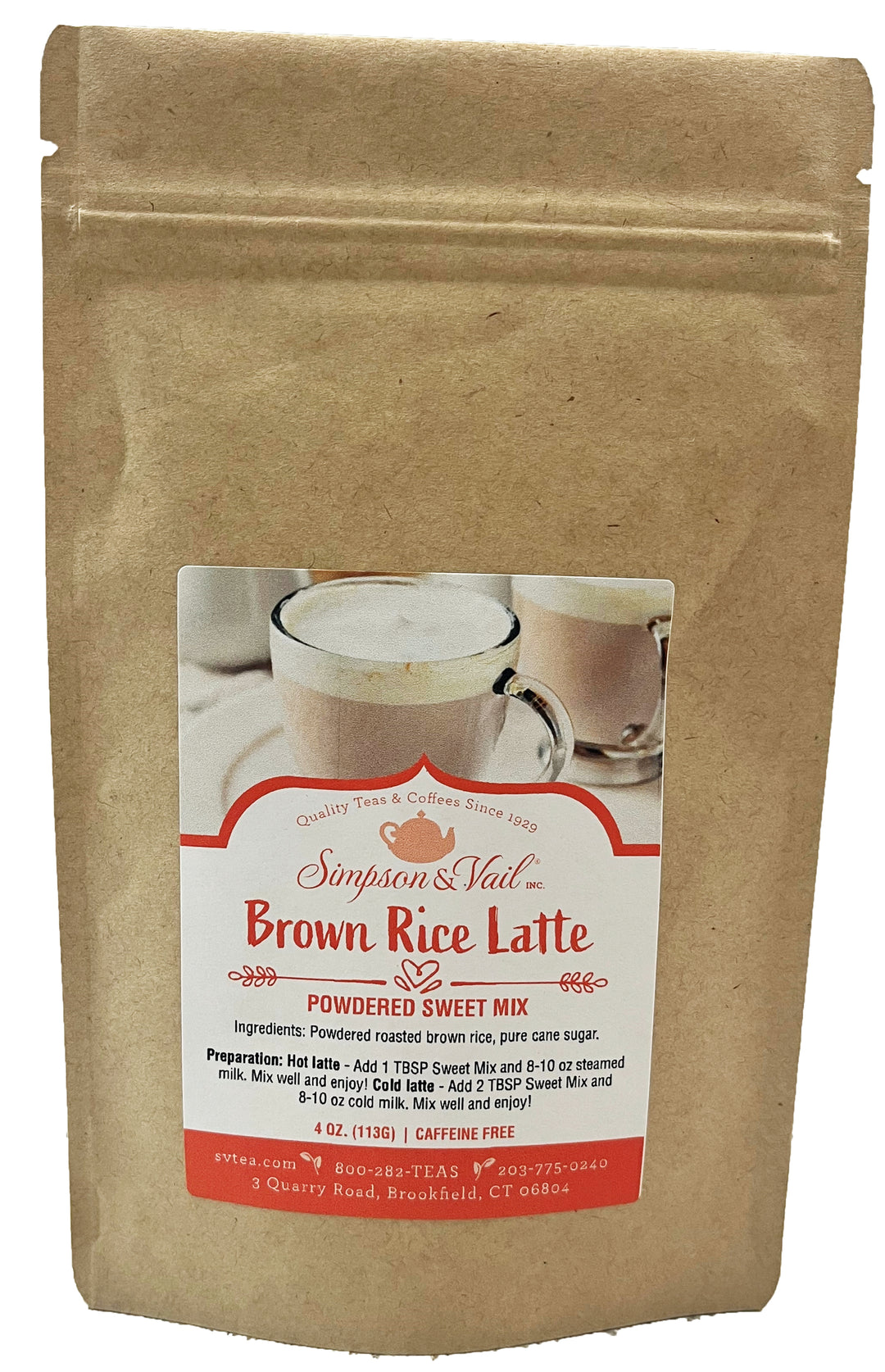 Kraft paper package of Simpson &amp; Vald Brown Rice Latte with a label on a white background