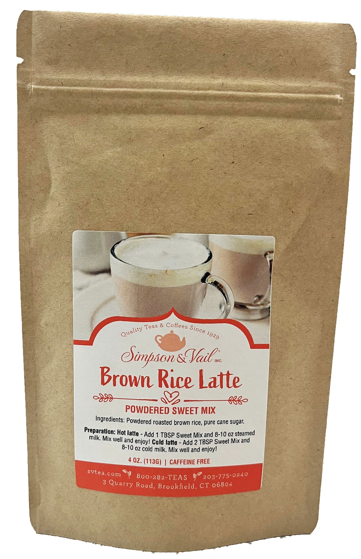 Kraft paper package of Simpson & Vald Brown Rice Latte with a label on a white background