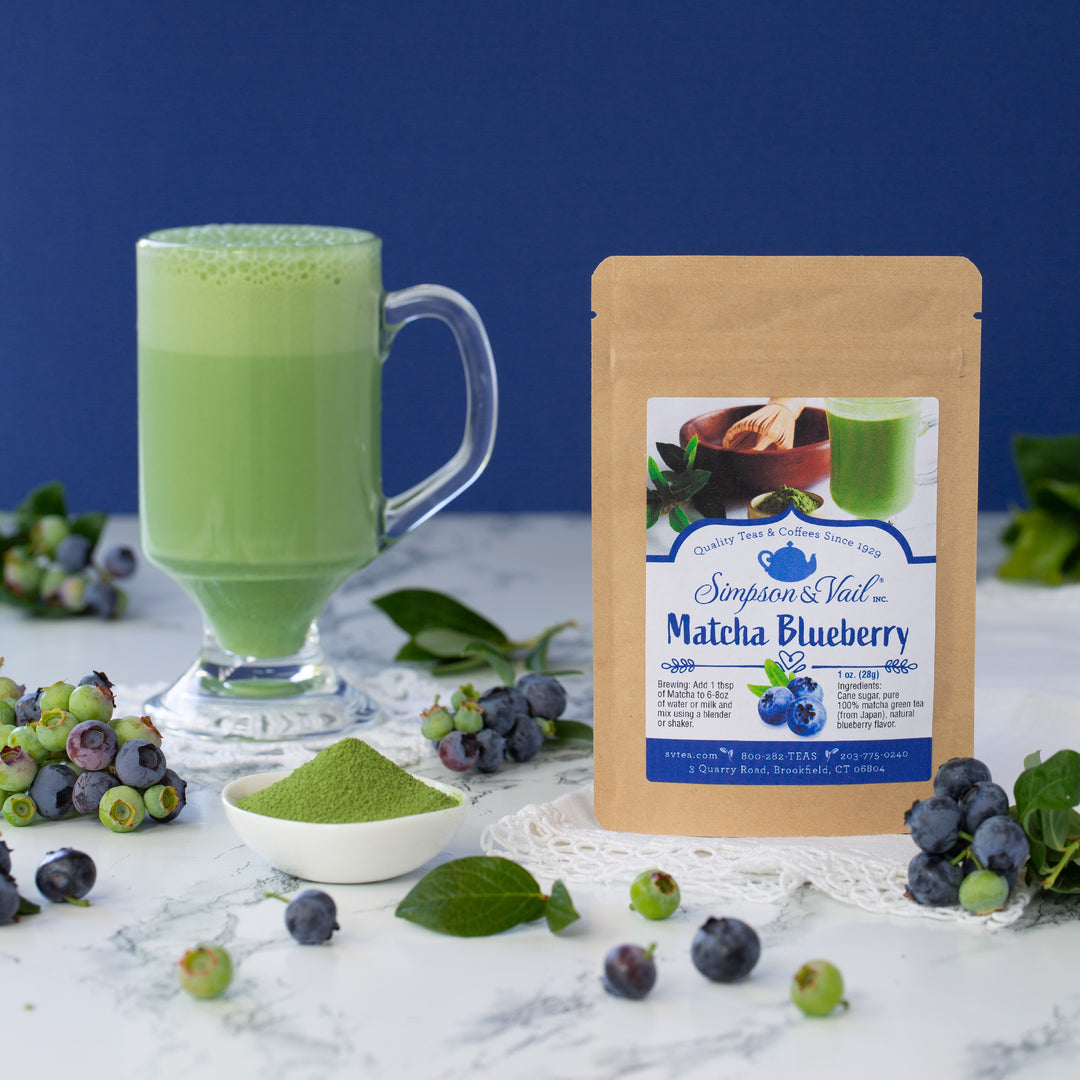 Matcha Blueberry Packet with Brewed Latte, Blueberries and Powder
