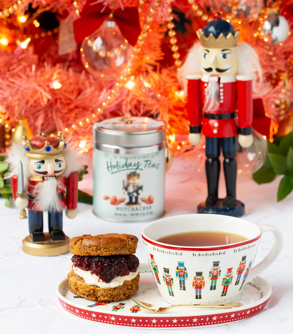 Nutcracker Black Tea Brewed w/ Scone, Nutcrackers and Nutcracker Tea Tin