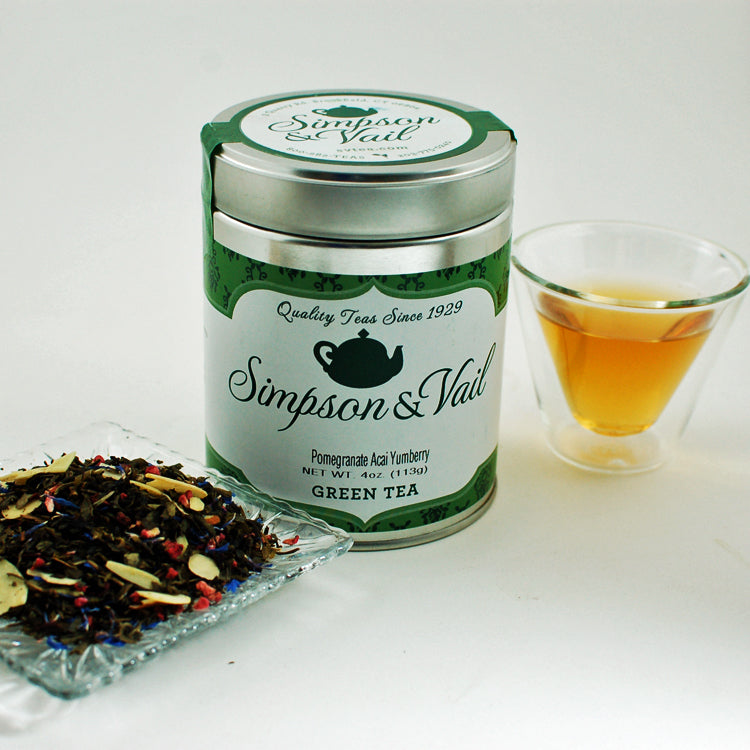 Pomegranate Acai Yumberry Green Tea Tin and Brewed