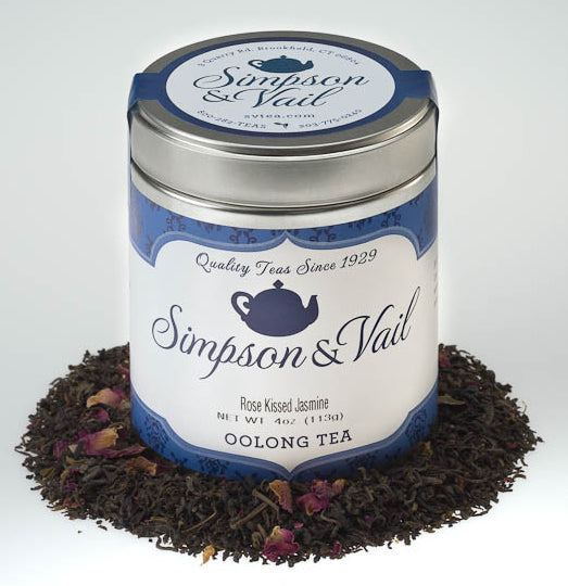 rose kissed jasmine tea tin and loose tea pile 