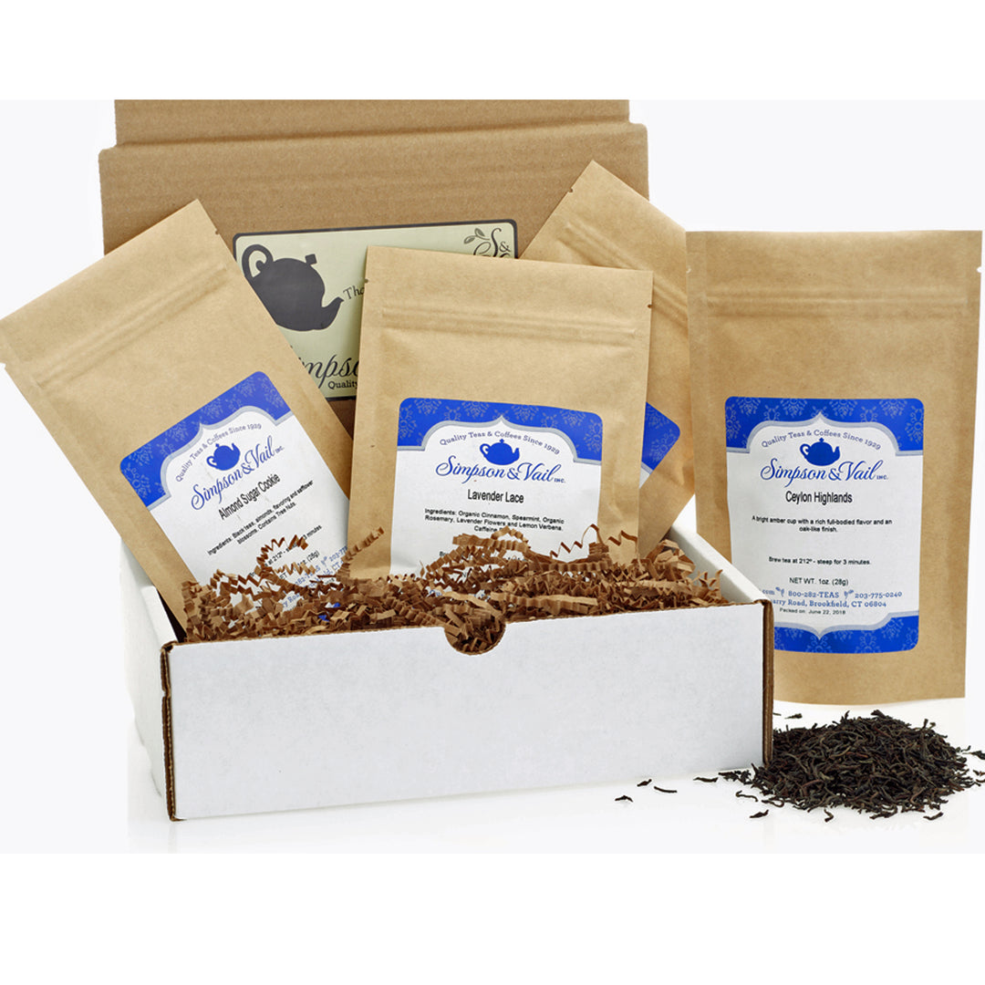 Monthly Tea Subscription Box w/ Packet Examples and Loose Tea Pile