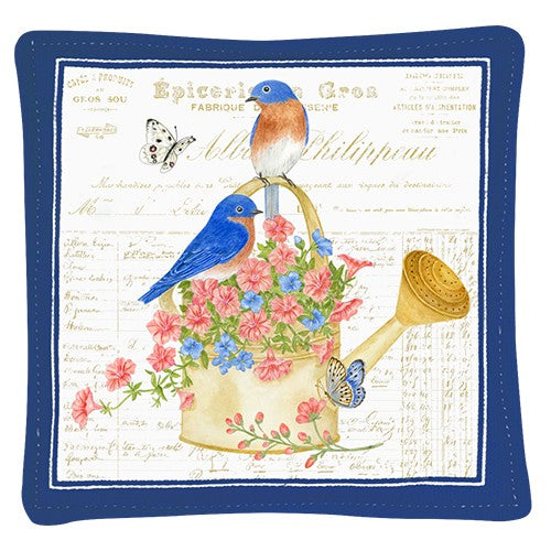 blue birds on watering can spiced mug mat 