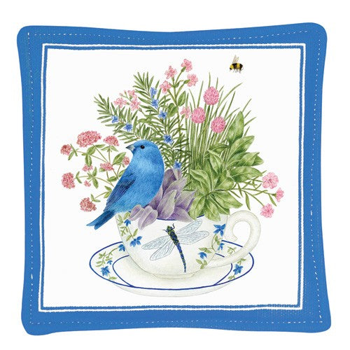 blue bird and flowers in teacup spiced mug mat 