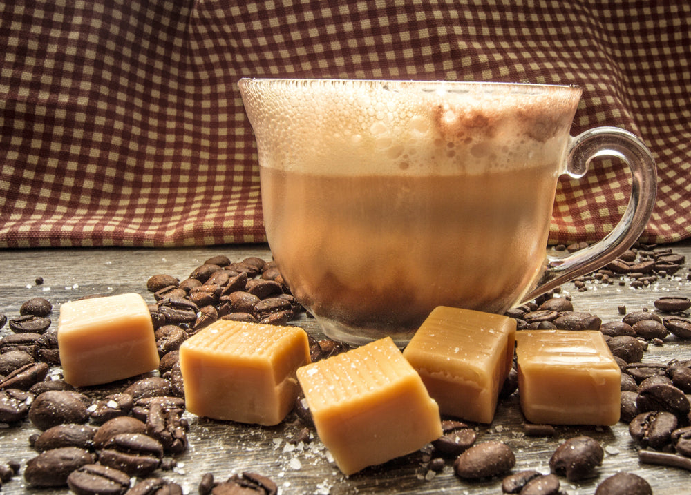 Salty Caramel Coffee with coffee beans and caramels 