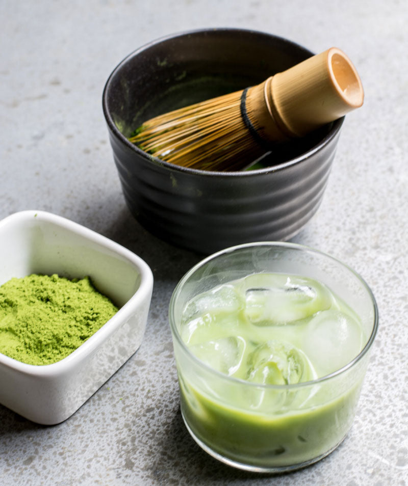 Matcha Blueberry Powder with Brewed Matcha, matcha bowl and whisk
