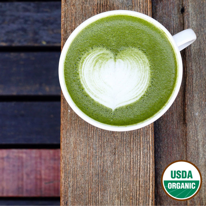 Brewed Matcha Latte with Heart Foam
